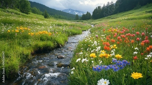 Fototapeta Serene Stream Flowing Through a Mountain Wildflower Meadow