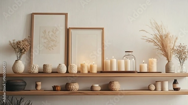 Fototapeta stylish wooden shelf filled with carefully arranged home decor pieces, including candles, framed art, and unique sculptures, set against a soft, neutral wall