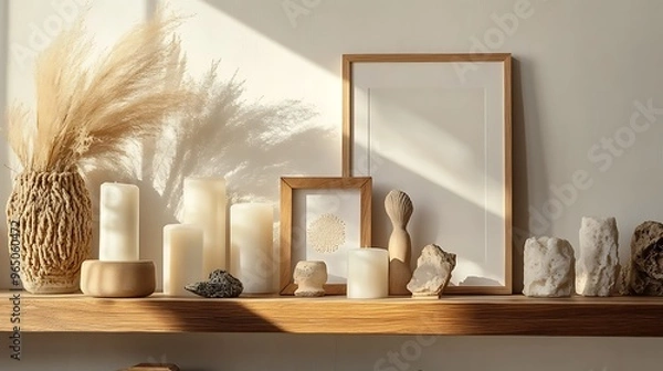 Fototapeta stylish wooden shelf filled with carefully arranged home decor pieces, including candles, framed art, and unique sculptures, set against a soft, neutral wall