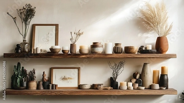 Fototapeta stylish wooden shelf filled with carefully arranged home decor pieces, including candles, framed art, and unique sculptures, set against a soft, neutral wall