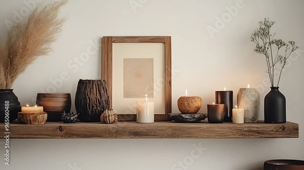 Fototapeta stylish wooden shelf filled with carefully arranged home decor pieces, including candles, framed art, and unique sculptures, set against a soft, neutral wall