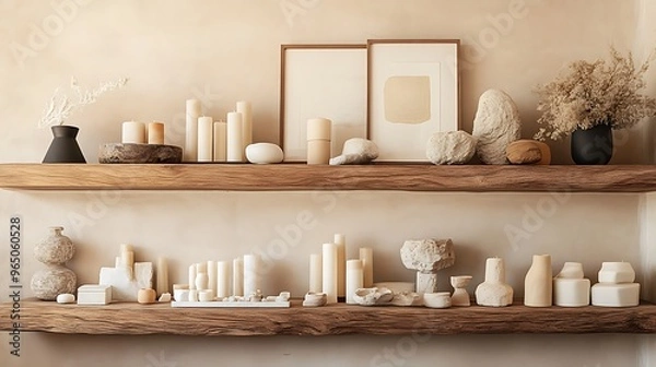 Fototapeta stylish wooden shelf filled with carefully arranged home decor pieces, including candles, framed art, and unique sculptures, set against a soft, neutral wall