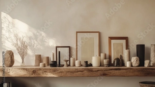 Fototapeta stylish wooden shelf filled with carefully arranged home decor pieces, including candles, framed art, and unique sculptures, set against a soft, neutral wall