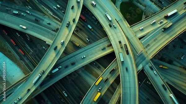Fototapeta A busy highway interchange with cars, buses, and trucks moving in different directions