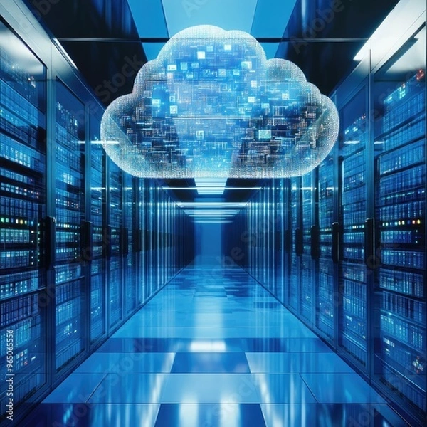 Obraz Futuristic data center showcasing cloud technology with digital connections and server racks illuminated in blue tones.