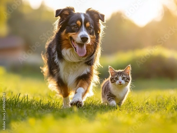 Fototapeta Happy australian shepherd dog walking with a cute cat on a green field with natural sunlight - ai