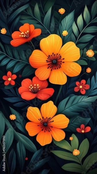 Fototapeta Flower garden illustrated in flat design style with bold, simplified shapes and vibrant, contrasting colors for flowers and foliage.
