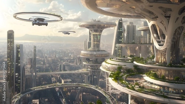 Fototapeta A futuristic smart city with flying cars and automated buildings