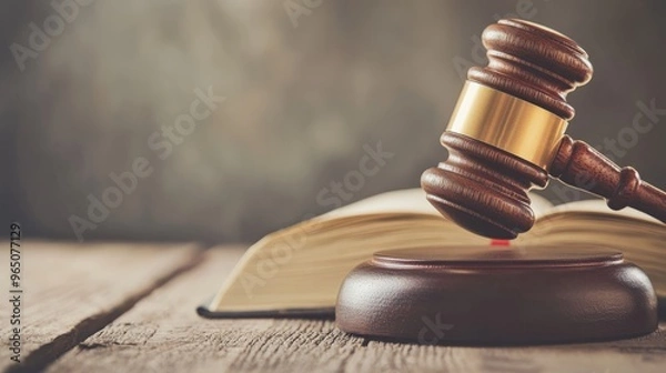 Fototapeta Close-up from above of a court gavel resting on a wooden table with a book, showcasing the symbols of the legal system with a shallow depth of field for National Paralegal Day