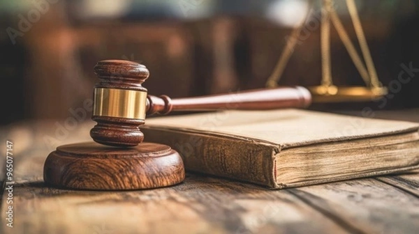 Obraz An overhead view of a court gavel on a wooden surface next to a law book, with the focus on the gavel and a softly blurred background, representing justice and the legal profession