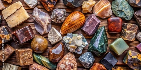 Fototapeta Rough-hewn stones, woods, and minerals, artfully arranged in a geometric pattern, convey a sense of lush natural
