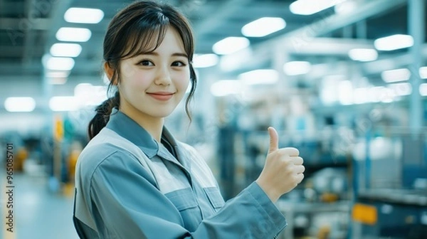 Obraz 工場でいいねポーズをする女性01