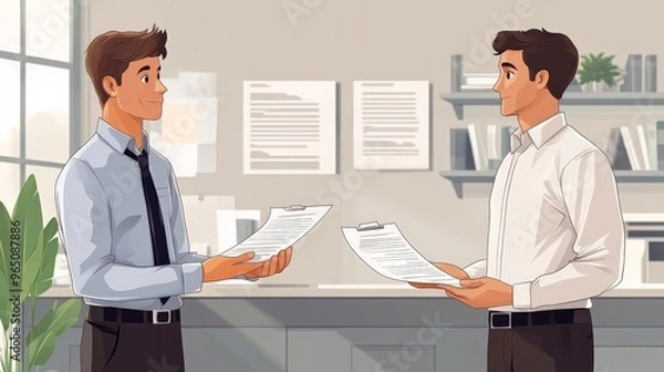 Fototapeta Business Deal: Two businessmen in a modern office setting, engaged in a lively discussion with documents in hand,  illustrating a professional partnership and collaborative business deal.