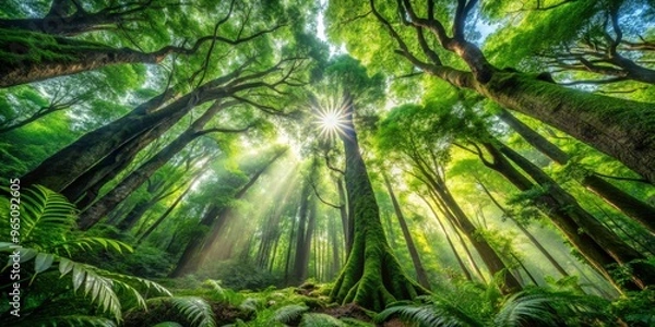 Fototapeta Verdant treetops gently filtering sunlight, enveloping the forest floor in an emerald blanket, enveloping all in a