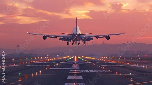 Fototapeta Airplane take off from runway airport during sunset, rear view from the end of the runway.