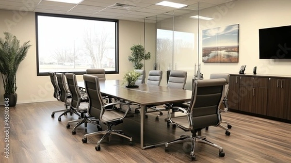Obraz Modern Conference Room with Wooden Table and Chairs