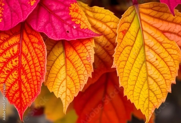 Fototapeta Close-up of autumn foliage, showcasing the intricate veins and textures.