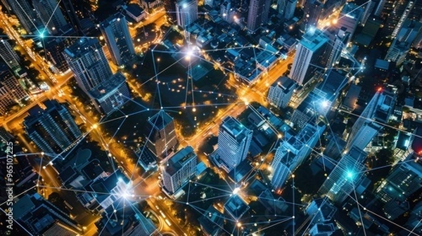 Fototapeta Modern city aerial view and communication network
