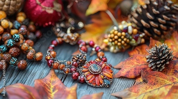 Fototapeta A vibrant and detailed still-life composition showcasing a beaded necklace with an elaborate flower pendant surrounded by autumn elements. The necklace features intricate beadwork with hues of red, or