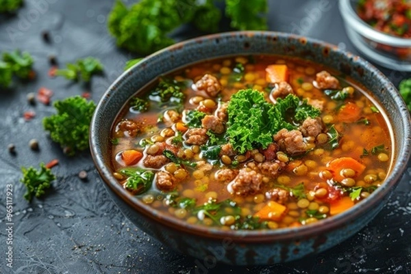 Fototapeta A bowl of Italian lentil soup with sausage and kale