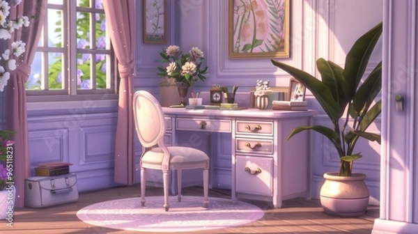 Fototapeta Desk and Chair: A charming wooden desk in soft lavender, paired with a matching cushioned chair, perfect for drawing, writing, and organizing school supplies.
