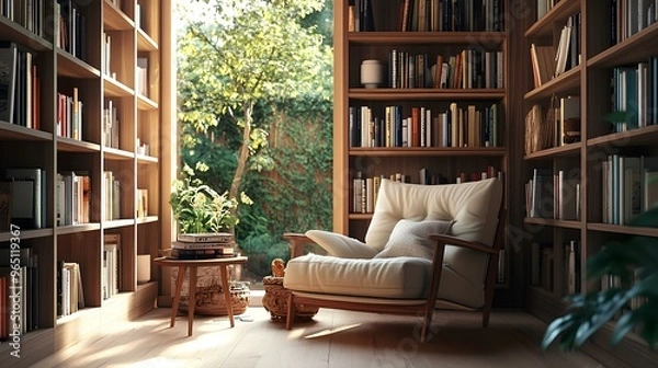 Obraz Cozy reading nook with built-in bookshelves, a comfortable armchair, and a small side table, illuminated by natural light from a nearby window