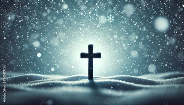 Fototapeta A silhouetted cross with snowflakes gently falling around it, set against a cold blue-gray winter sky.