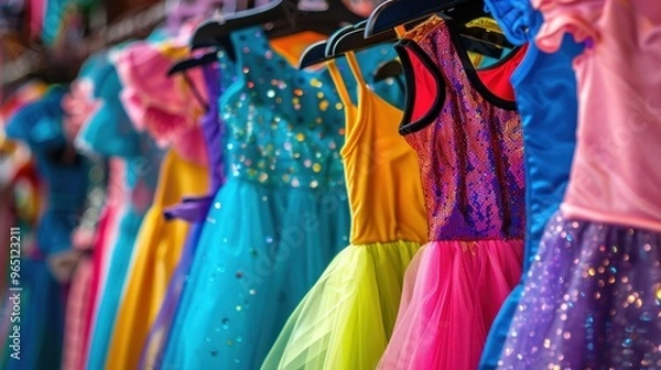 Fototapeta Dress-Up Clothes: A rack of vibrant, playful dress-up clothes, including princess gowns, superhero capes, and sparkly tutus, perfect for creative, imaginative play.
