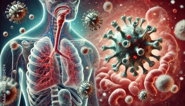 Fototapeta A close-up view of viruses floating in the air, with the background depicting a detailed human respiratory system.