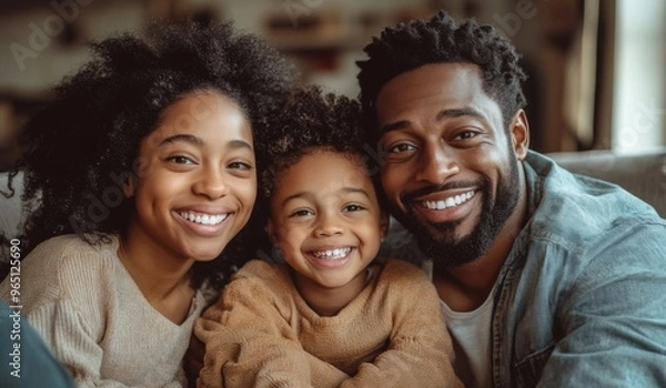 Fototapeta A happy black colored family with two children sitting on the sofa at home, laughing and playing together in the living room. High-quality, realistic photograph. 