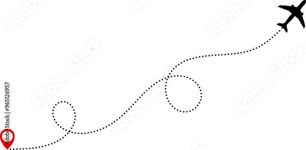 Fototapeta Flying Airplane Silhouette,  The plane flies along a dotted route