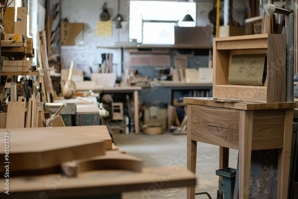 Fototapeta A handcrafted furniture business arranging a collaborative project with local artists. The workshop is buzz, Generative AI