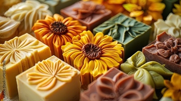 Fototapeta A variety of artistically crafted, flower-themed soaps arranged in a neat grid. Each soap bar features intricate designs that replicate different types of flowers, showcasing a range of colors like ye