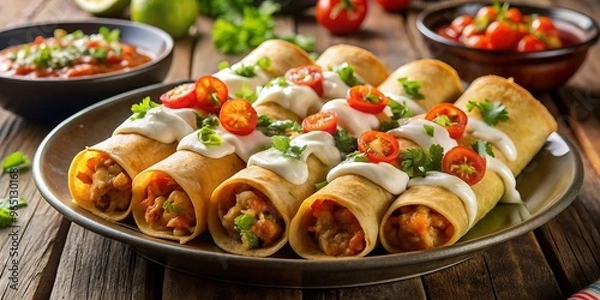 Fototapeta A delicious Mexican meal, featuring rolled corn tortillas filled with cheese, salsa, and sour cream, paired with a