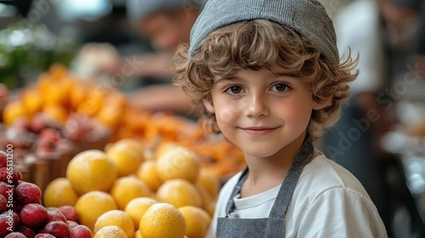Fototapeta Young boy in a market surrounded by colorful fruits.