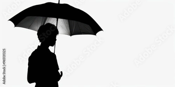 Fototapeta Dark silhouette of a person holding an umbrella against a stark white background on a rainy day