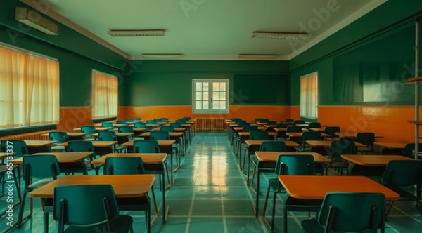 Fototapeta empty conference room with chairs, classroom with chairs, room with chairs, conference hall with chairs, An empty school classroom with rows of wooden desks and chairs