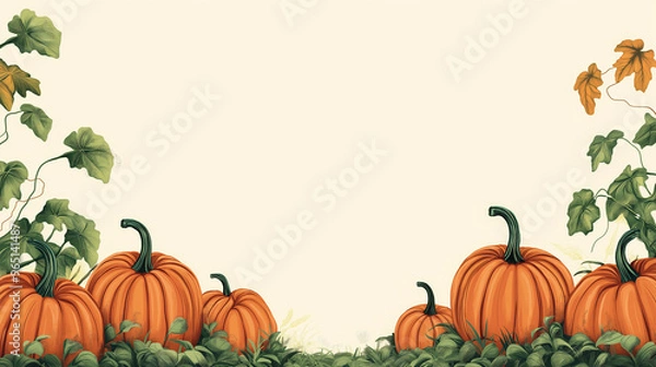 Fototapeta A beautiful display of ripe pumpkins surrounded by lush green vines, evoking the essence of autumn harvest time in a peaceful outdoor scene, copy space