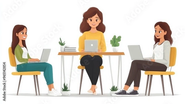 Fototapeta Collaborative Synergy: Three female professionals thrive in a shared workspace, laptops open and ideas flowing, embodying the power of teamwork and female leadership. 