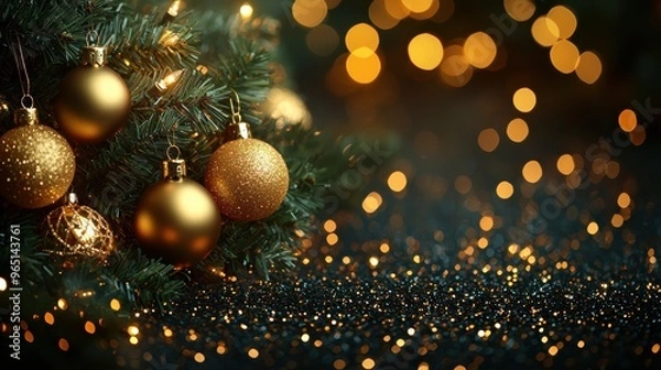 Obraz Decorative golden ornaments on a Christmas tree with warm bokeh lights during the holiday season