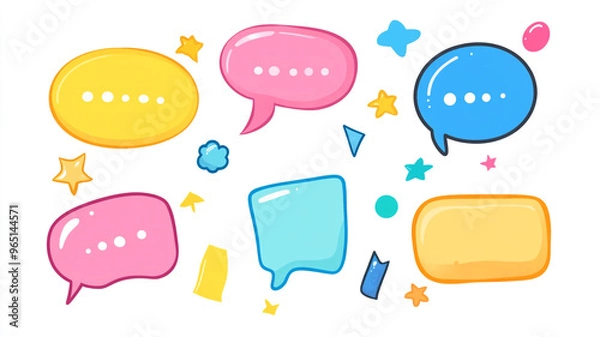 Fototapeta Colorful speech bubbles with stars and decorative shapes in a playful illustration