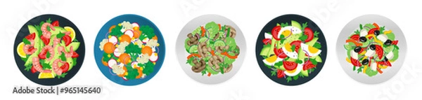 Fototapeta set of  plates with various salads with fresh vegetables eggs shrimps mushrooms top view vector illustration