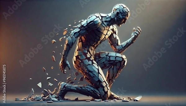 Fototapeta A detailed sculpture of a human figure assembling itself from broken pieces, representing recovery and resilience.