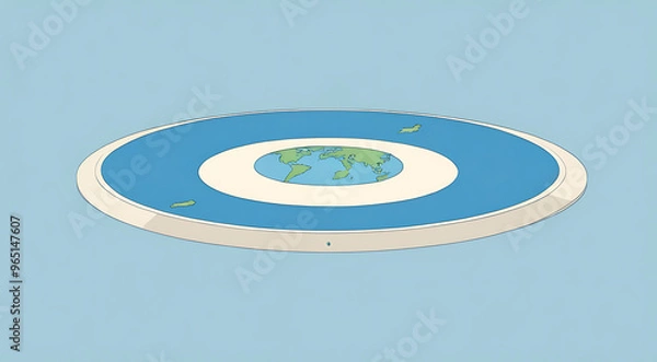 Obraz A minimal illustration of a flat Earth concept, with a simple, flat disc representing the world. The illustration includes basic landmasses and a thin line surrounding the edges 