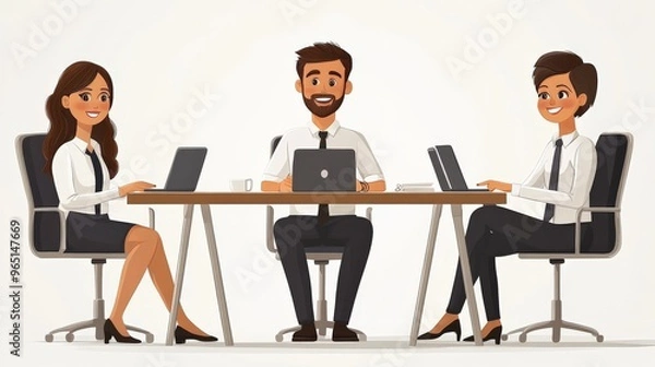 Fototapeta Teamwork Makes the Dream Work: A diverse team of business professionals collaborates in a meeting, showcasing unity and shared goals. This cartoon illustration captures the spirit of collaboration, pr