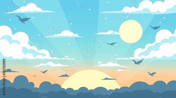 Fototapeta Peaceful Sunrise with Clouds and Birds Illustration in Calm Sky
