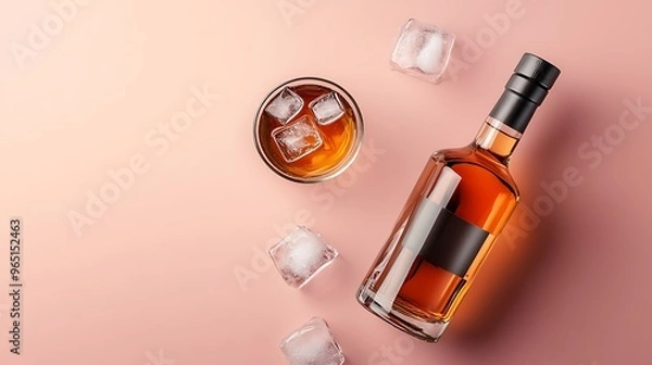 Obraz Whiskey and Ice on Pink Background
