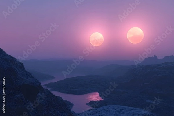 Fototapeta A serene landscape from an alien world, with twin suns setting over the horizon