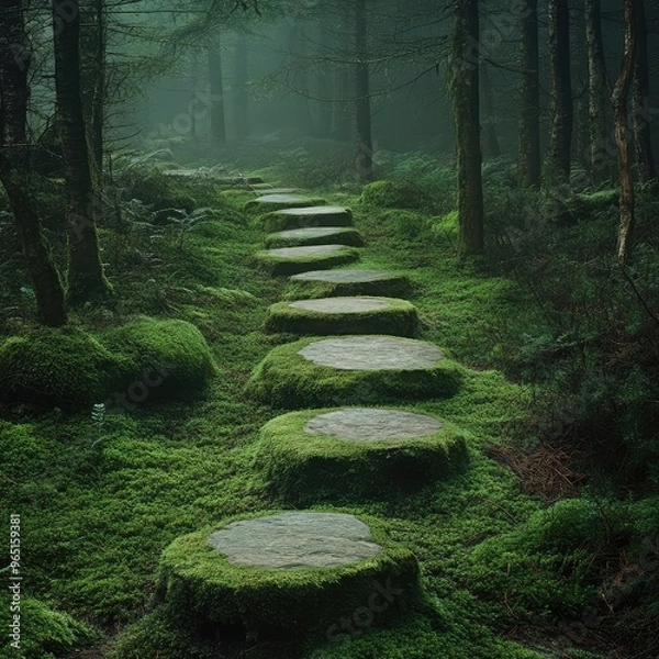 Obraz "Tranquil Forest Path with Moss-Covered Rocks"

