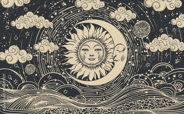 Fototapeta Celestial astrology card of the sun and moon with face, vector esoteric poster of zodiac, horoscope, tarot. Creation of the Universe with clouds, stars and sun.